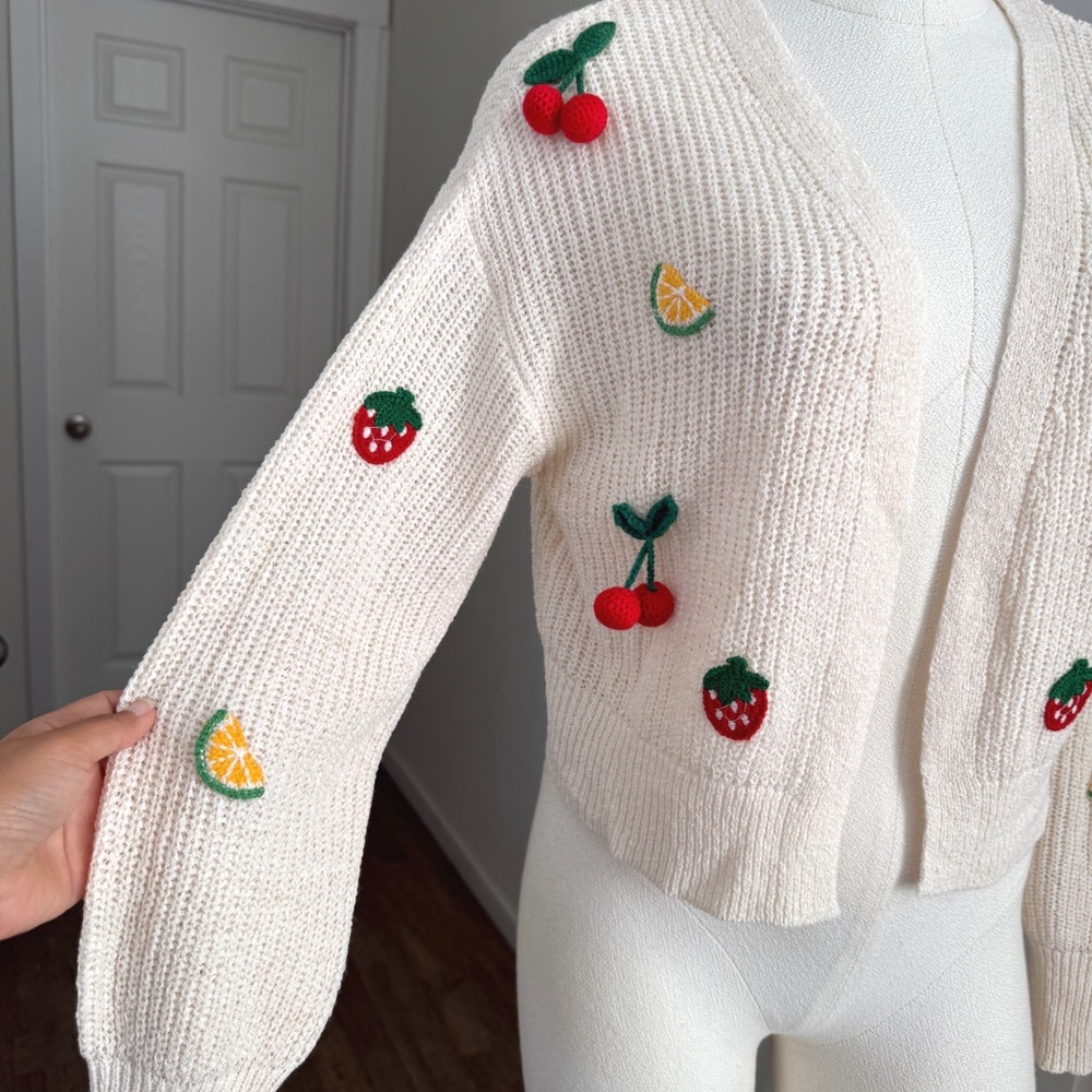 The Workshop women's Fruit Crochet Cardigan Cream Small Cherry Strawberry Sz S